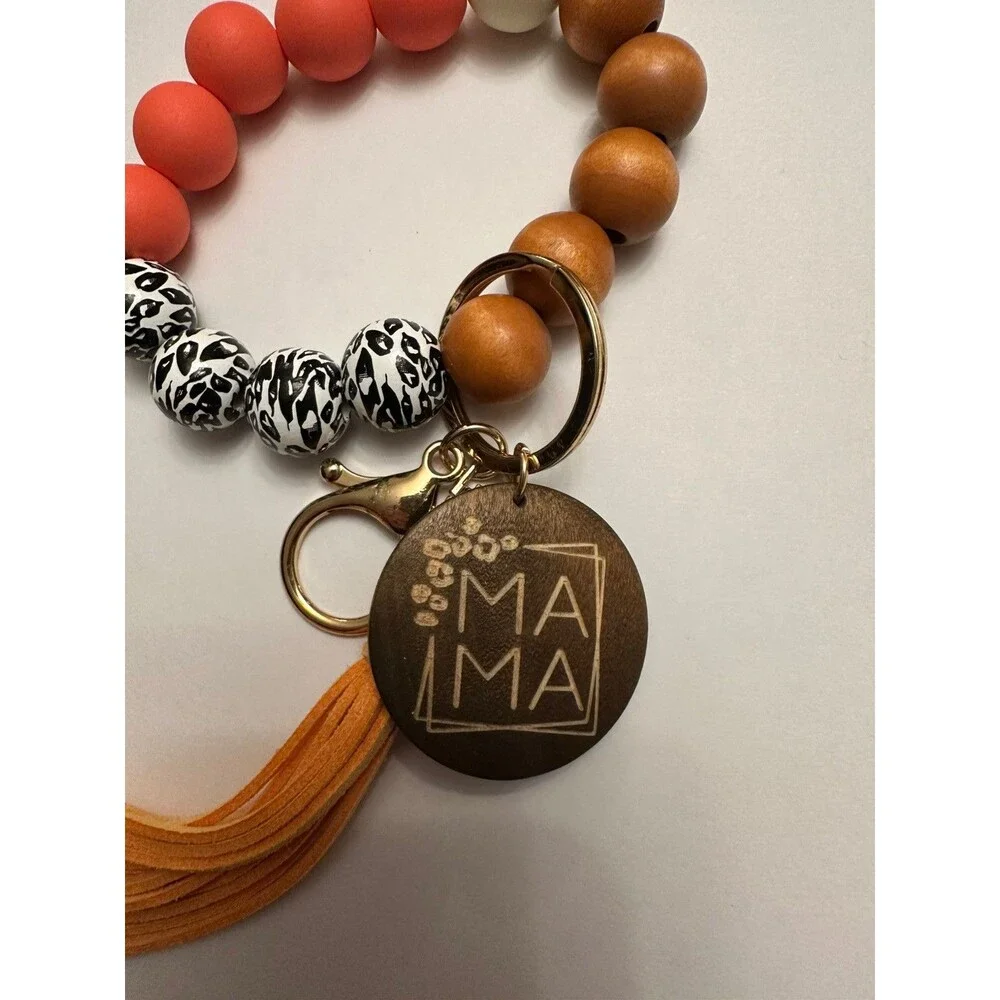 Leopard Wood Orange Accent Beads Tassel Key Ring Wristlet Keychain